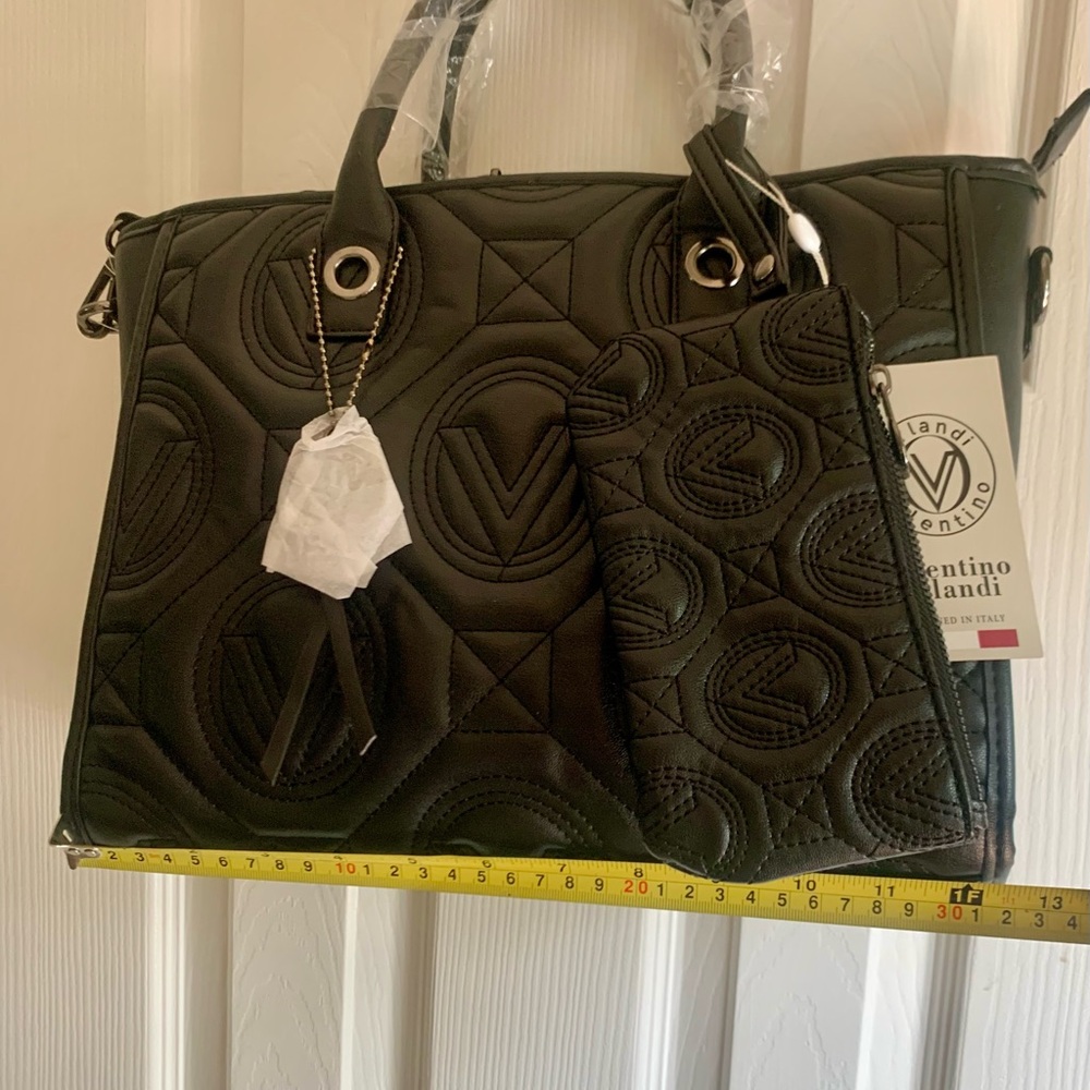 Valentino Orlandi Black Quilted Satchel Bag and Wallet set w Crossbody strap